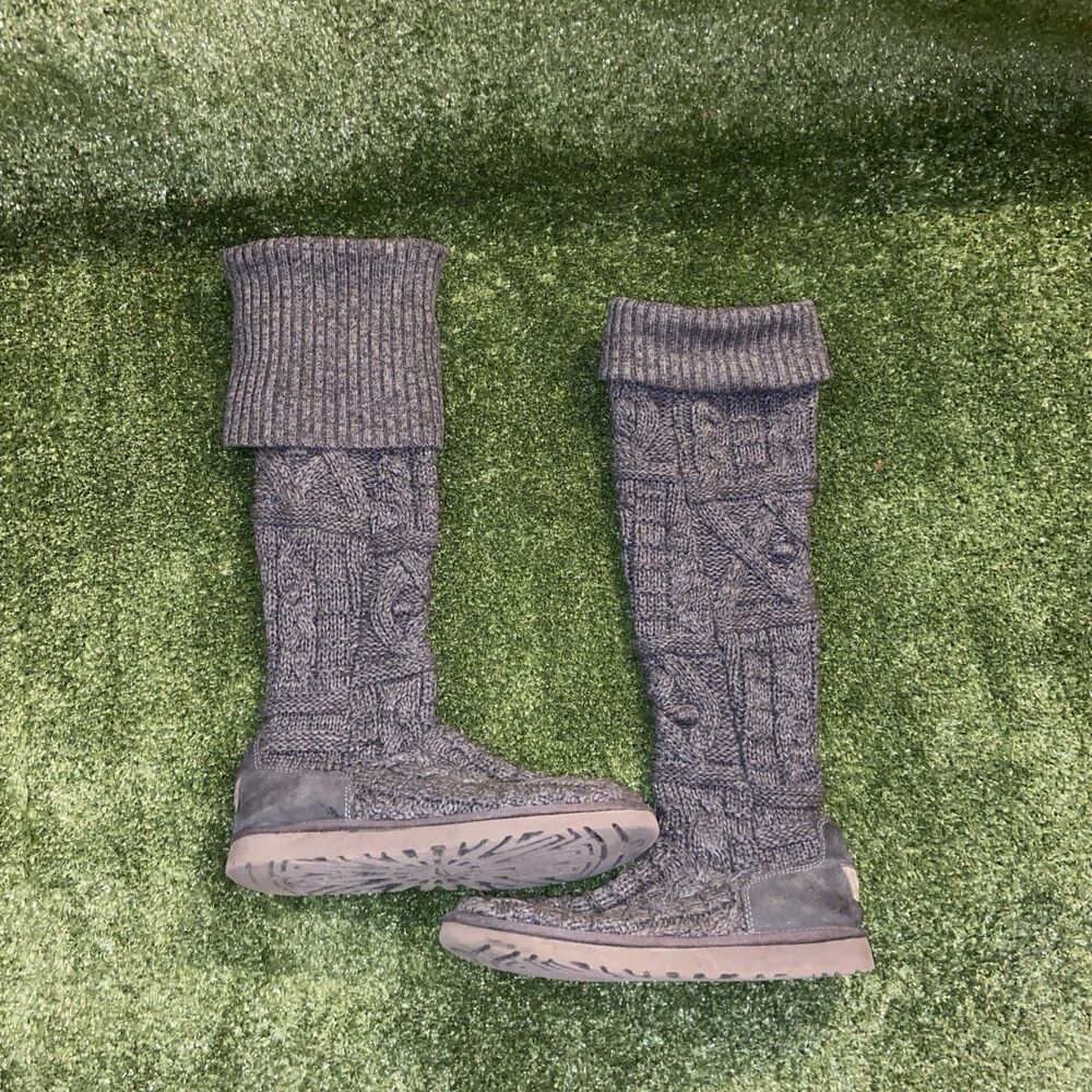 UGG Australia Cardi Over Knee Cable Knit Sweater Boots Grey Womens 9 USA Made - Picture 15 of 15